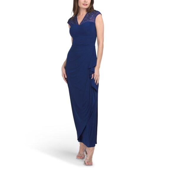 ALEX EVENING Blue V-neck Embellished Shoulder Gown - Picture 1 of 2